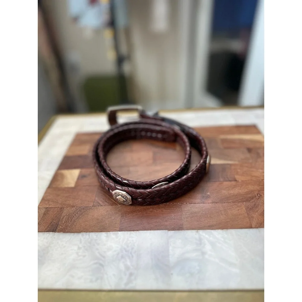 Brighton Braided‎ Leather SZ M 30 Belt Brown Silver Engraved Buckle Western Boho